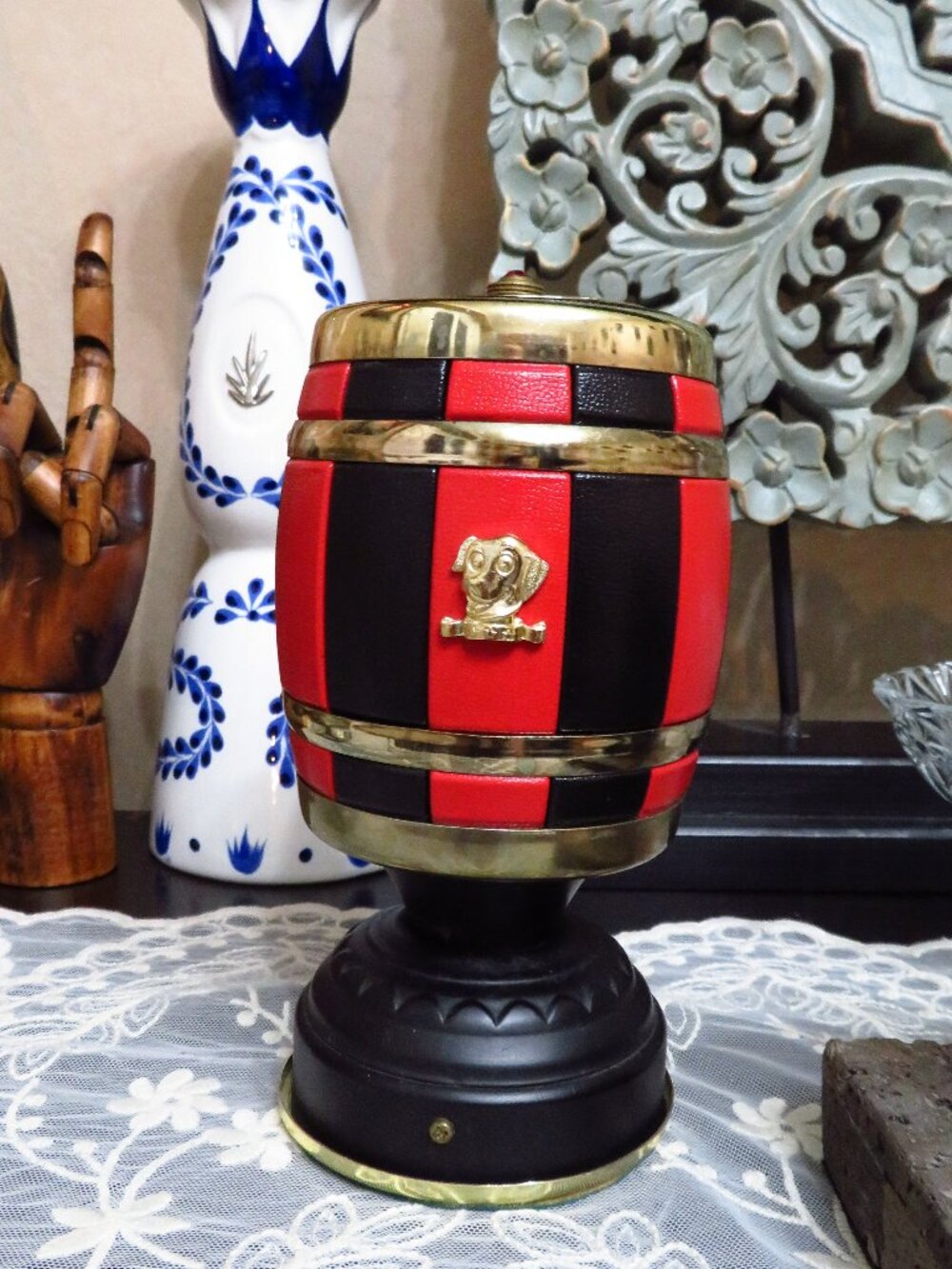 Vtg 1960 POP UP BRASS & LEATHER CIGARETTE HOLDER DISPENSER MUSIC box Keiwa